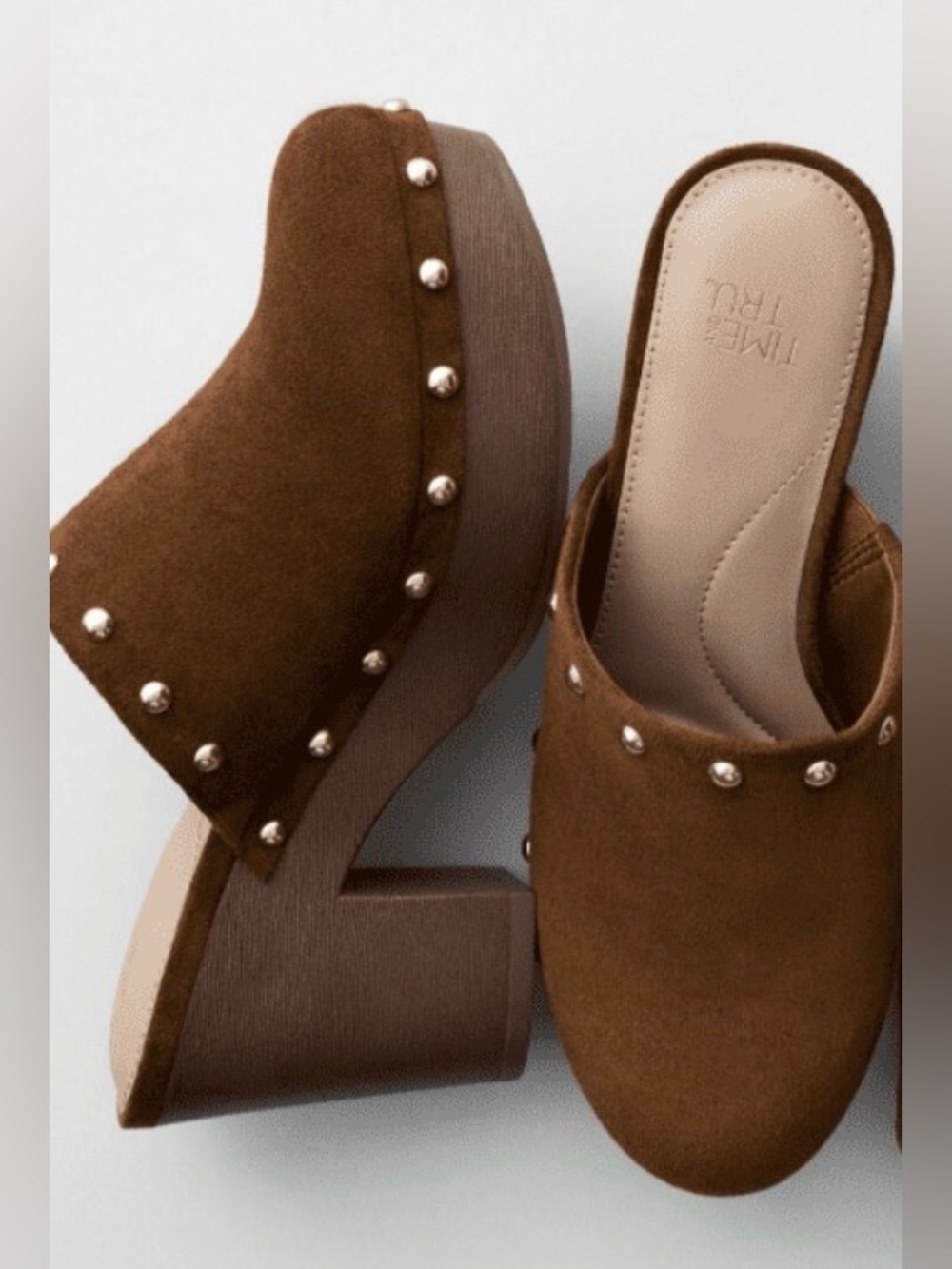 Time and Tru Women’s Faux Suede Studded Clogs with Block Heels - Picture 5 of 7